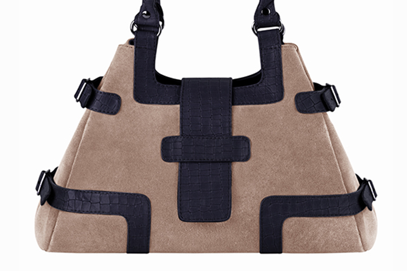 Dress handbag in biscuit beige and navy blue leather - Profile view
